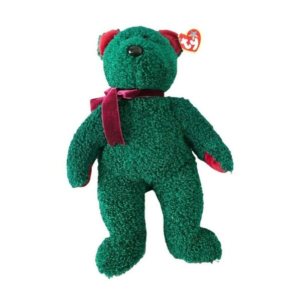 TY Beanie Buddies 2001 Holiday Teddy Bear Green w Shimmer & Maroon Tag Retired - Picture 2 of 9
